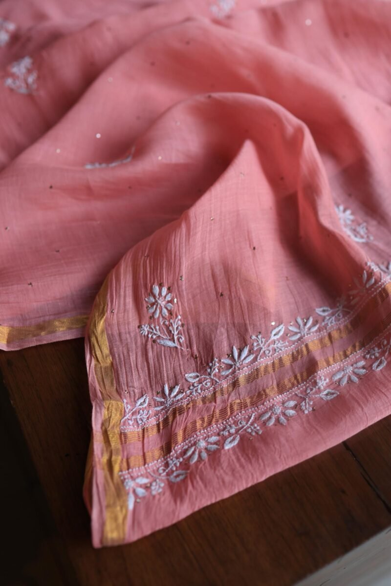 Pink Mal Cotton Chikankari Unstitched Kurta Dupatta Fabrics With Kamdani