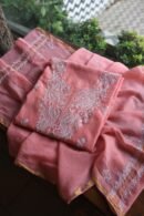 Pink Mal Cotton Chikankari Unstitched Kurta Dupatta Fabrics With Kamdani