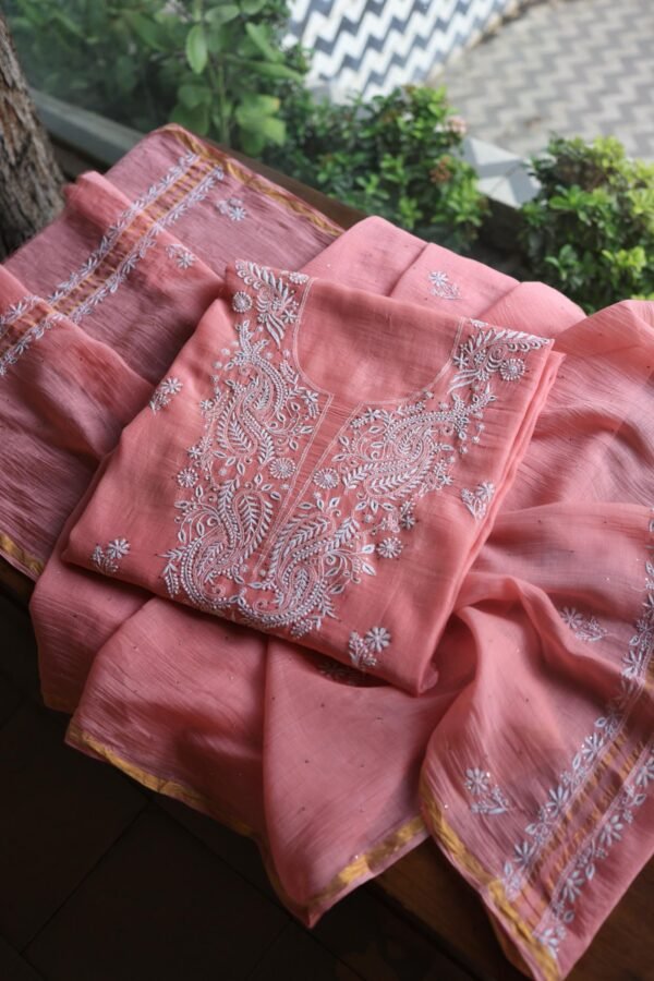 Pink Mal Cotton Chikankari Unstitched Kurta Dupatta Fabrics With Kamdani - Image 12