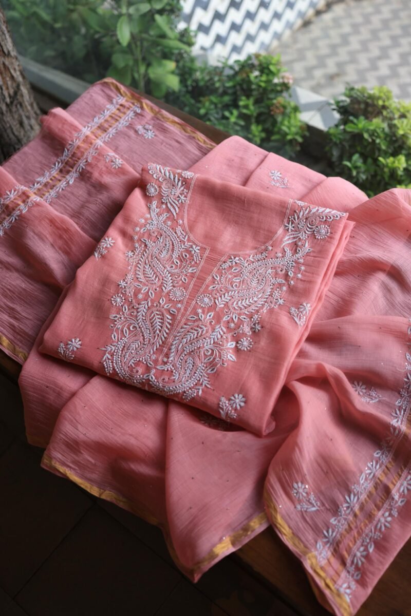 Pink Mal Cotton Chikankari Unstitched Kurta Dupatta Fabrics With Kamdani