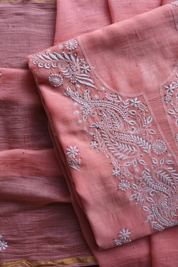 Pink Mal Cotton Chikankari Unstitched Kurta Dupatta Fabrics With Kamdani - Image 13