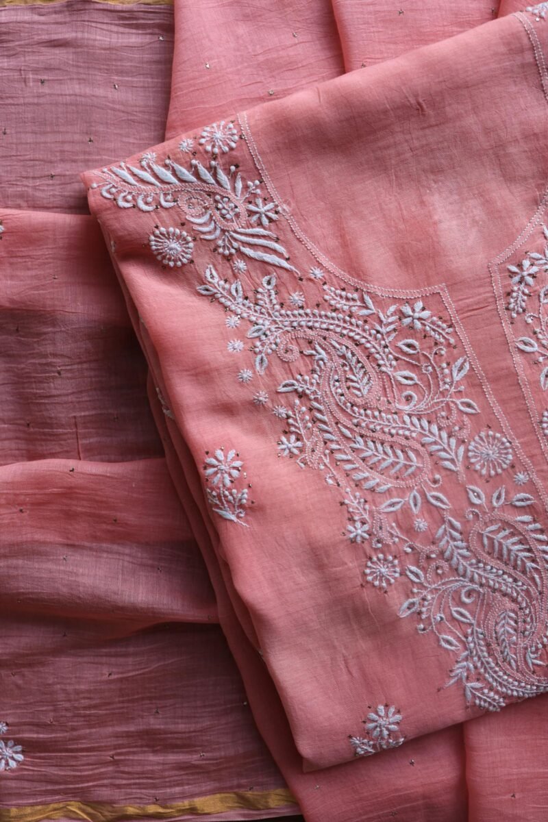 Pink Mal Cotton Chikankari Unstitched Kurta Dupatta Fabrics With Kamdani