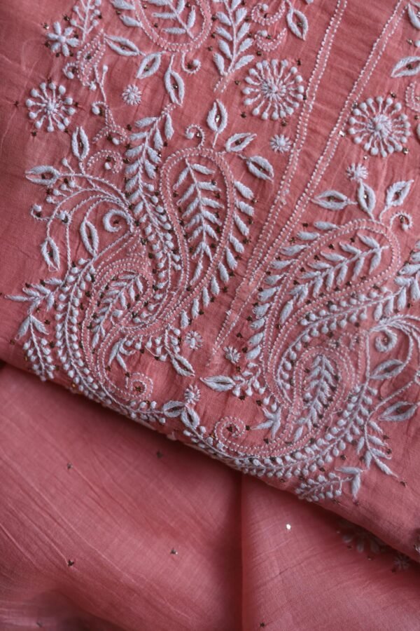 Pink Mal Cotton Chikankari Unstitched Kurta Dupatta Fabrics With Kamdani - Image 2