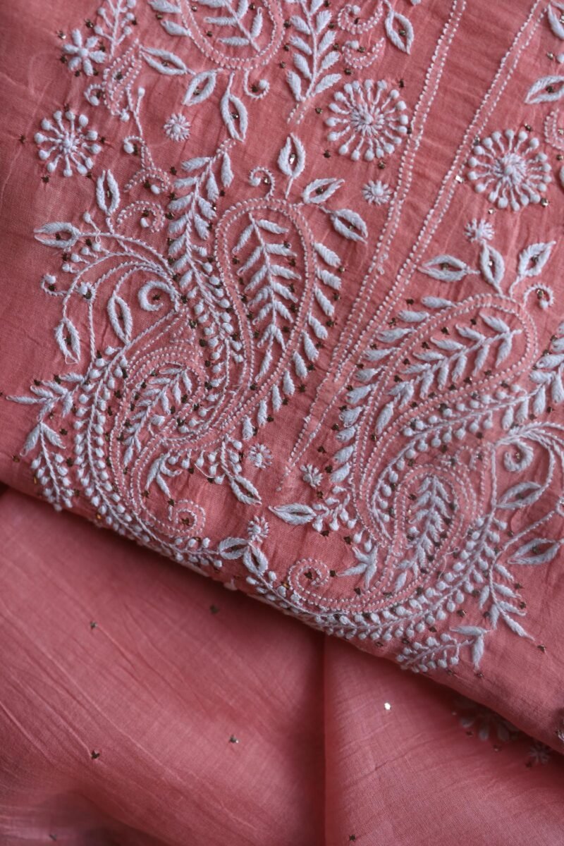 Pink Mal Cotton Chikankari Unstitched Kurta Dupatta Fabrics With Kamdani