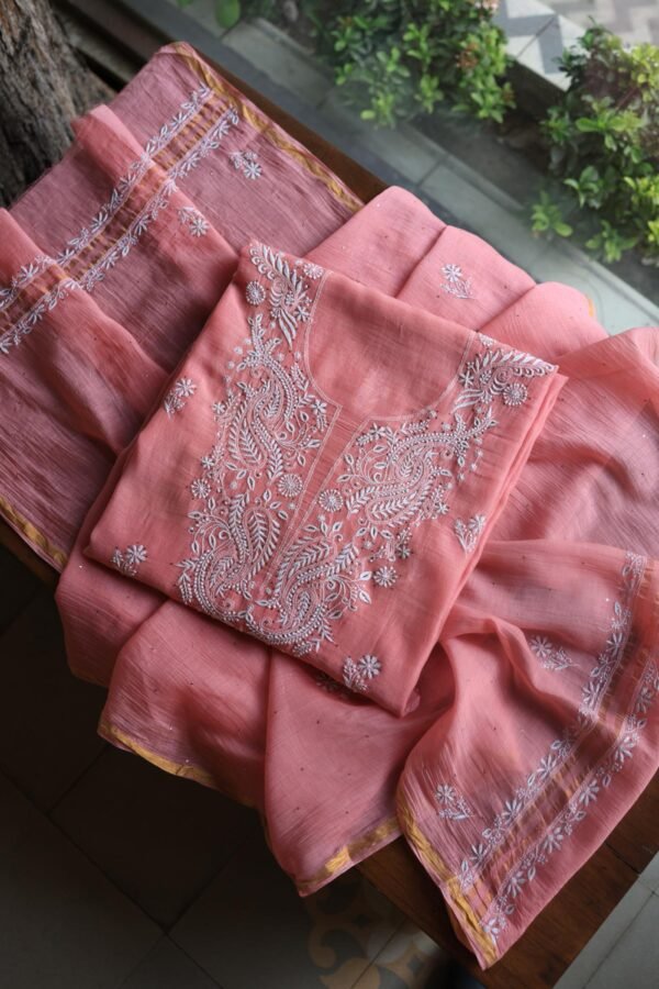 Pink Mal Cotton Chikankari Unstitched Kurta Dupatta Fabrics With Kamdani - Image 4