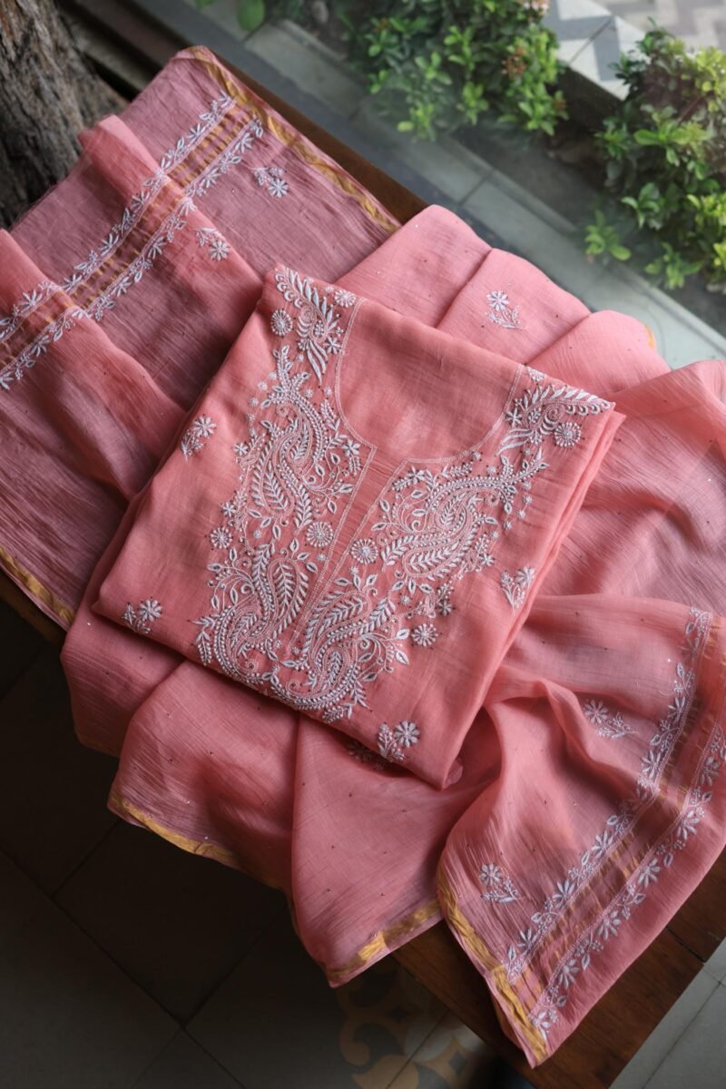 Pink Mal Cotton Chikankari Unstitched Kurta Dupatta Fabrics With Kamdani