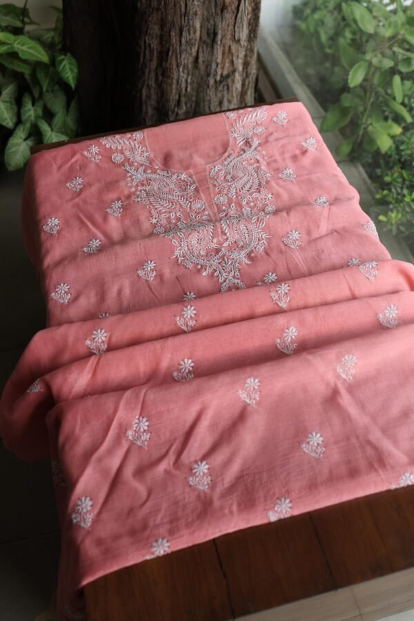 Pink Mal Cotton Chikankari Unstitched Kurta Dupatta Fabrics With Kamdani - Image 5