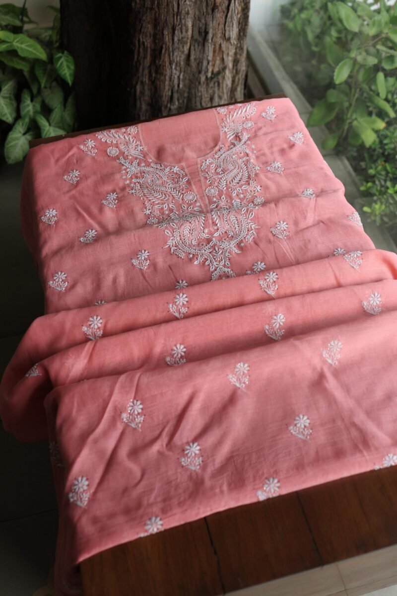 Pink Mal Cotton Chikankari Unstitched Kurta Dupatta Fabrics With Kamdani
