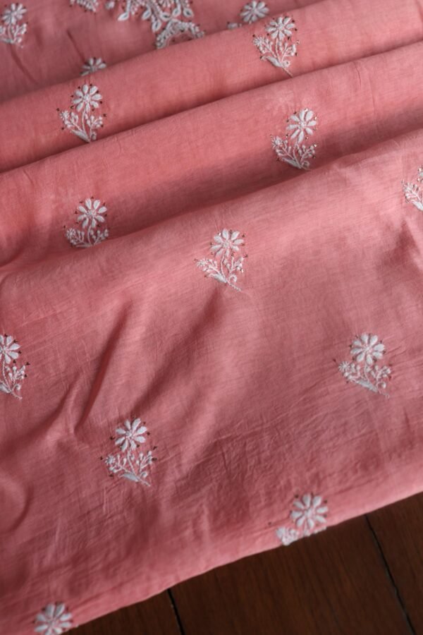 Pink Mal Cotton Chikankari Unstitched Kurta Dupatta Fabrics With Kamdani - Image 6