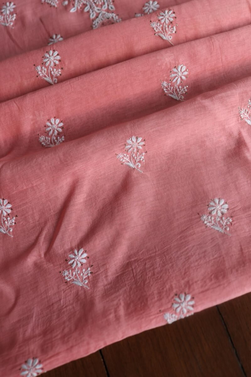 Pink Mal Cotton Chikankari Unstitched Kurta Dupatta Fabrics With Kamdani