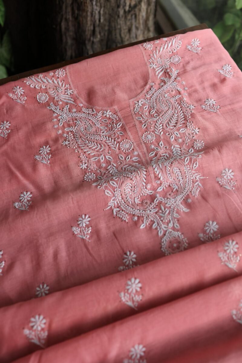 Pink Mal Cotton Chikankari Unstitched Kurta Dupatta Fabrics With Kamdani