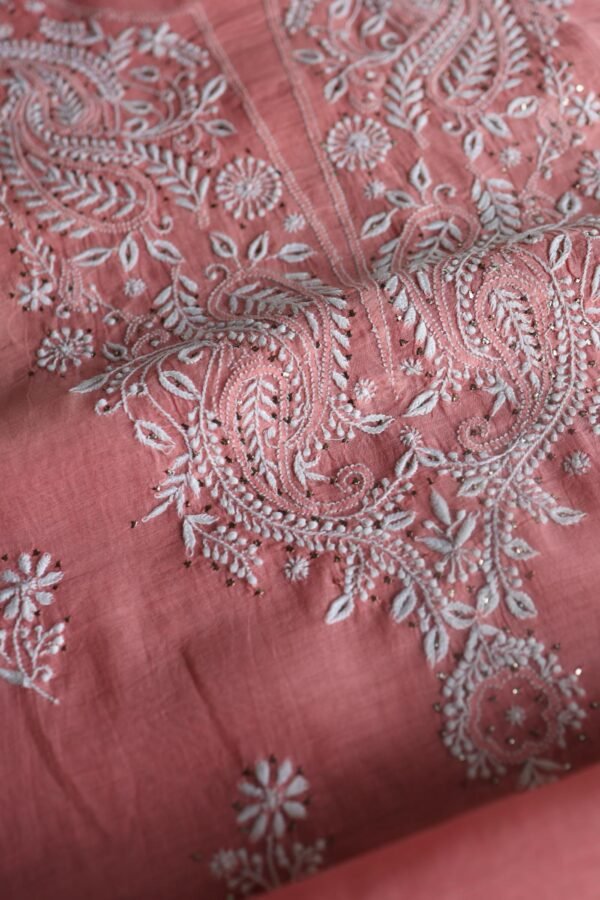 Pink Mal Cotton Chikankari Unstitched Kurta Dupatta Fabrics With Kamdani - Image 8
