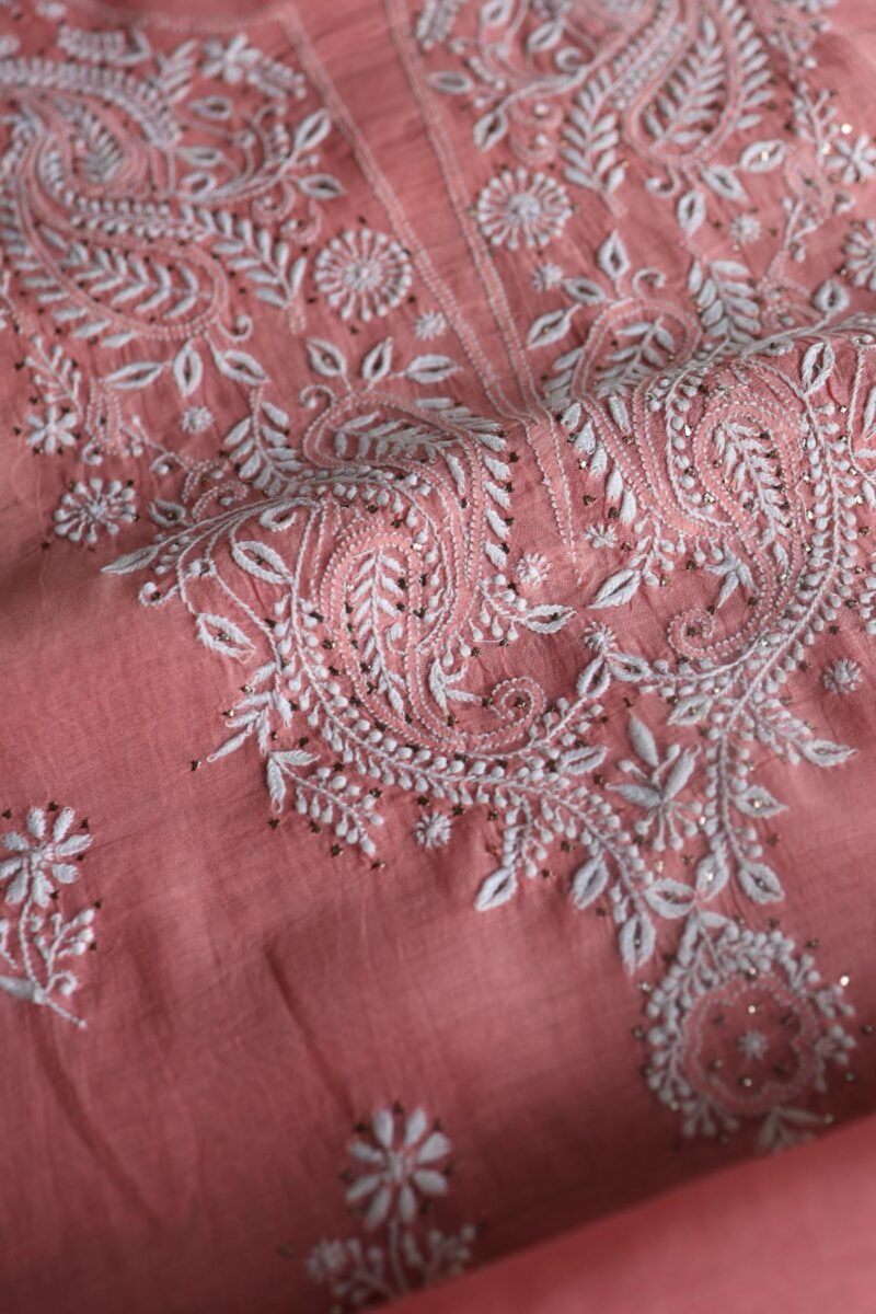 Pink Mal Cotton Chikankari Unstitched Kurta Dupatta Fabrics With Kamdani