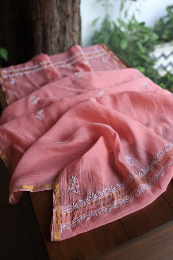 Pink Mal Cotton Chikankari Unstitched Kurta Dupatta Fabrics With Kamdani - Image 10