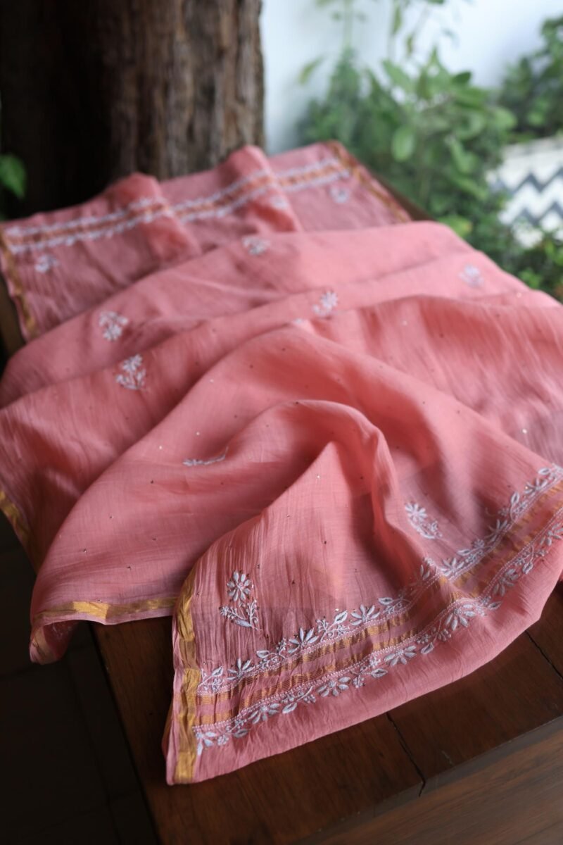 Pink Mal Cotton Chikankari Unstitched Kurta Dupatta Fabrics With Kamdani