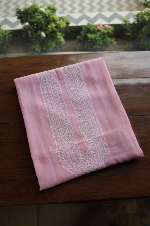 Pink Malmal Chikankari Unstitched Men's Kurtas Fabrics - Image 4
