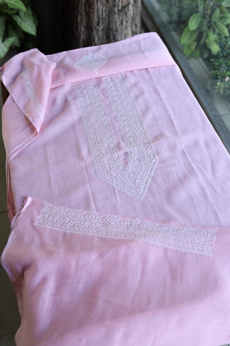 Pink Malmal Chikankari Unstitched Men's Kurtas Fabrics