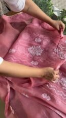 Pink Noor Organza Rose Motifs Applique Chikankari Mukaish Kurta Dupatta Set