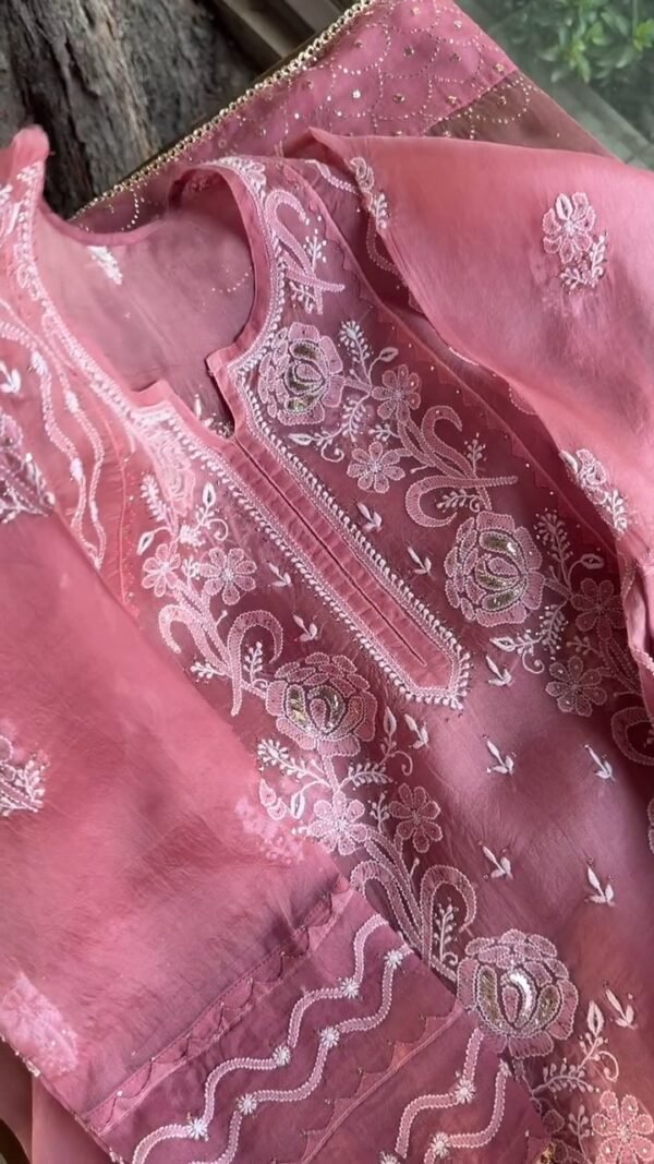 Pink Noor Organza Rose Motifs Applique Chikankari Mukaish Kurta Dupatta Set - Image 10