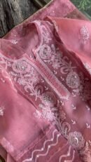 Pink Noor Organza Rose Motifs Applique Chikankari Mukaish Kurta Dupatta Set