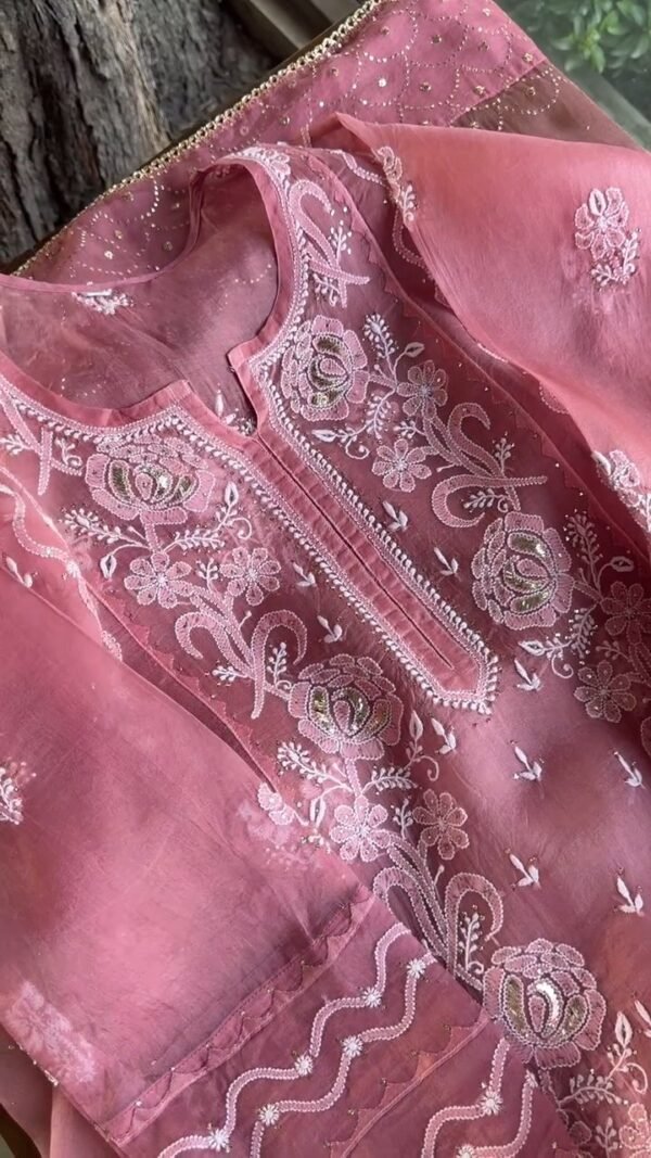 Pink Noor Organza Rose Motifs Applique Chikankari Mukaish Kurta Dupatta Set - Image 12