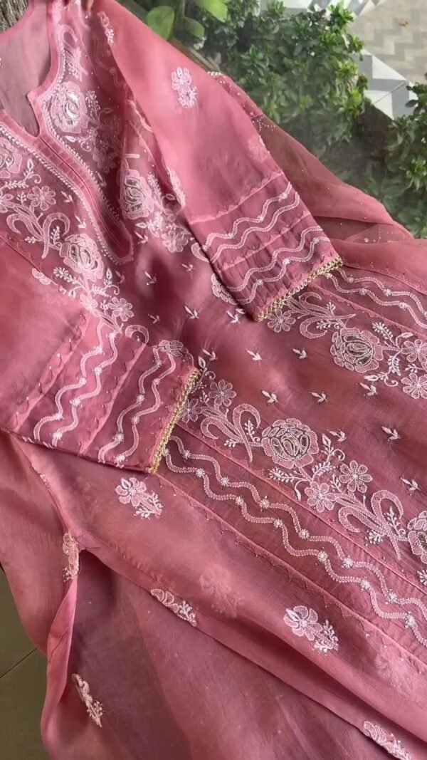 Pink Noor Organza Rose Motifs Applique Chikankari Mukaish Kurta Dupatta Set - Image 2