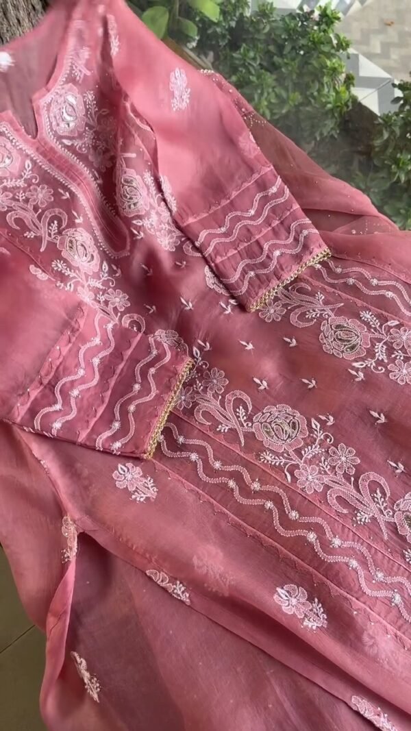 Pink Noor Organza Rose Motifs Applique Chikankari Mukaish Kurta Dupatta Set - Image 4