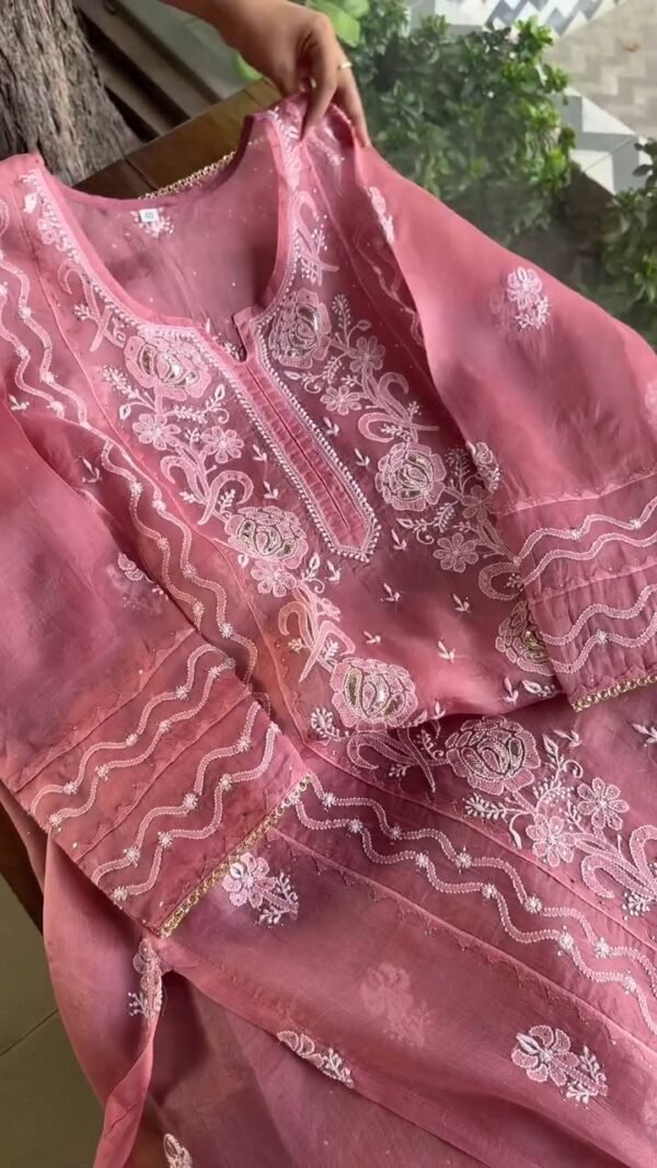 Pink Noor Organza Rose Motifs Applique Chikankari Mukaish Kurta Dupatta Set