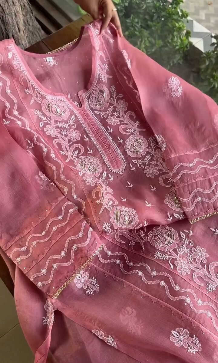 Pink Noor Organza Rose Motifs Applique Chikankari Mukaish Kurta Dupatta Set