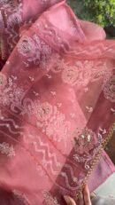 Pink Noor Organza Rose Motifs Applique Chikankari Mukaish Kurta Dupatta Set