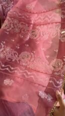 Pink Noor Organza Rose Motifs Applique Chikankari Mukaish Kurta Dupatta Set