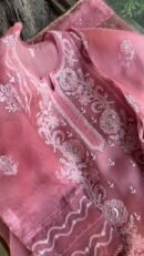 Pink Noor Organza Rose Motifs Applique Chikankari Mukaish Kurta Dupatta Set