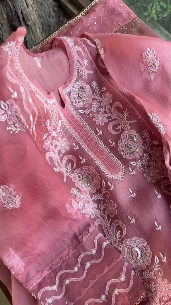 Pink Noor Organza Rose Motifs Applique Chikankari Mukaish Kurta Dupatta Set - Image 8