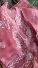 Pink Noor Organza Rose Motifs Applique Chikankari Mukaish Kurta Dupatta Set