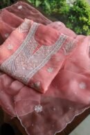 Pink Noor Organza Silk Chikankari Unstitched Kurta Dupatta Set