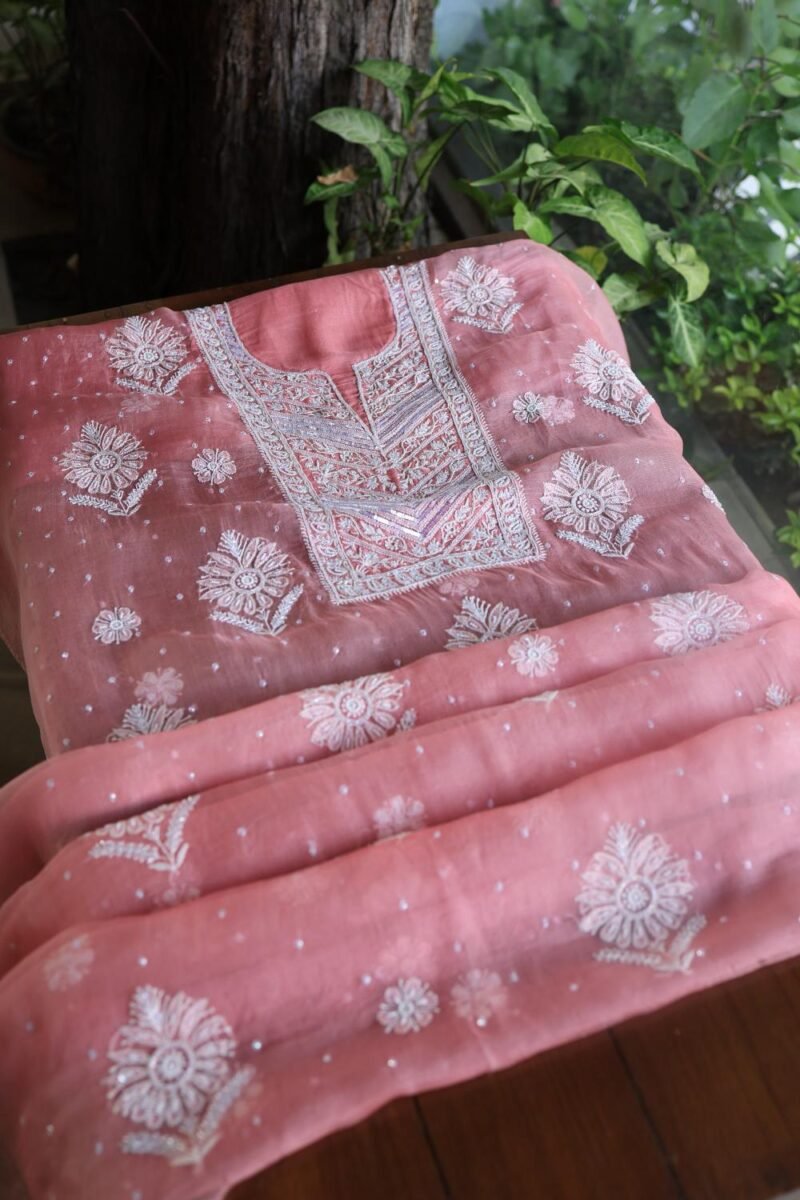 Pink Noor Organza Silk Chikankari Unstitched Kurta Dupatta Set