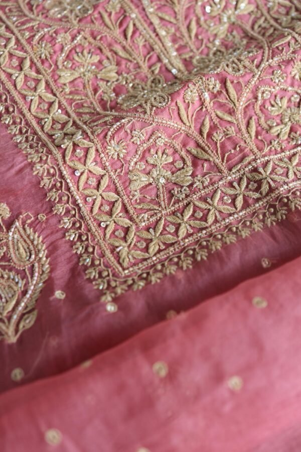 Pink Noor Organza Silk Chikankari Unstitched Kurta Dupatta Set - Image 12
