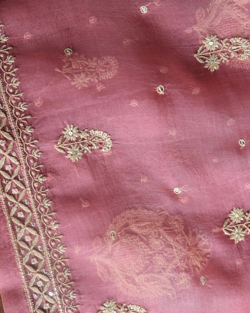 Pink Noor Organza Silk Chikankari Unstitched Kurta Dupatta Set