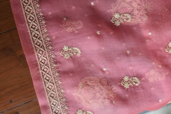 Pink Noor Organza Silk Chikankari Unstitched Kurta Dupatta Set - Image 13