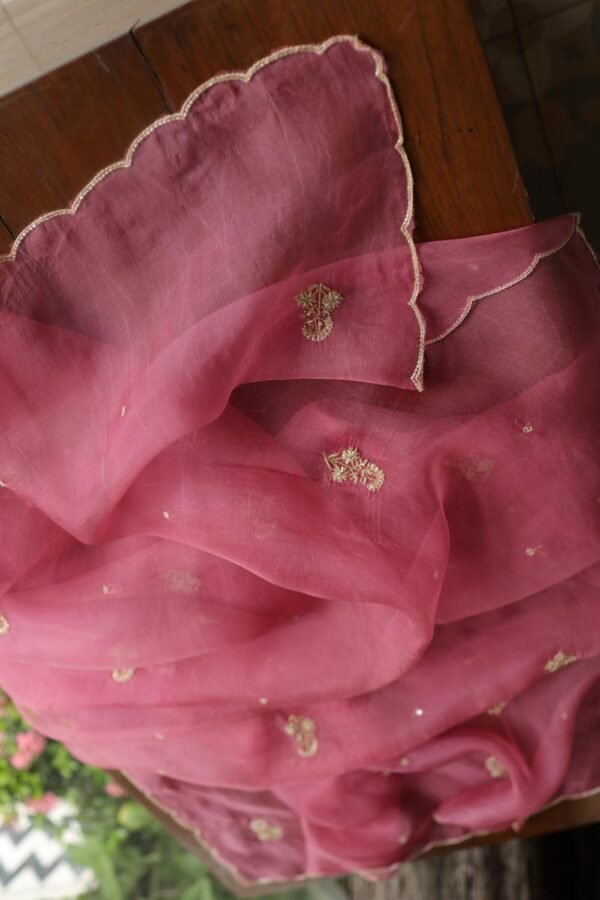 Pink Noor Organza Silk Chikankari Unstitched Kurta Dupatta Set - Image 14