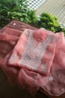 Pink Noor Organza Silk Chikankari Unstitched Kurta Dupatta Set