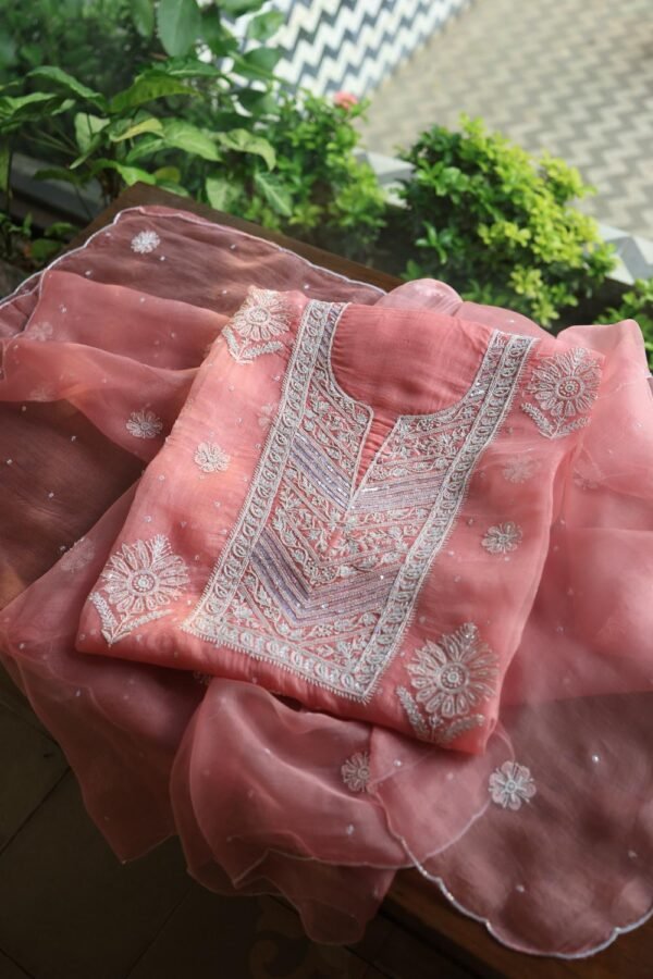 Pink Noor Organza Silk Chikankari Unstitched Kurta Dupatta Set - Image 12