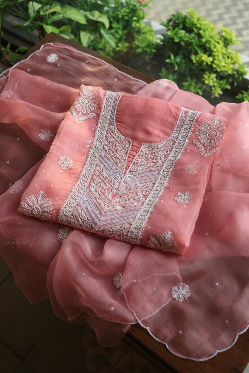 Pink Noor Organza Silk Chikankari Unstitched Kurta Dupatta Set
