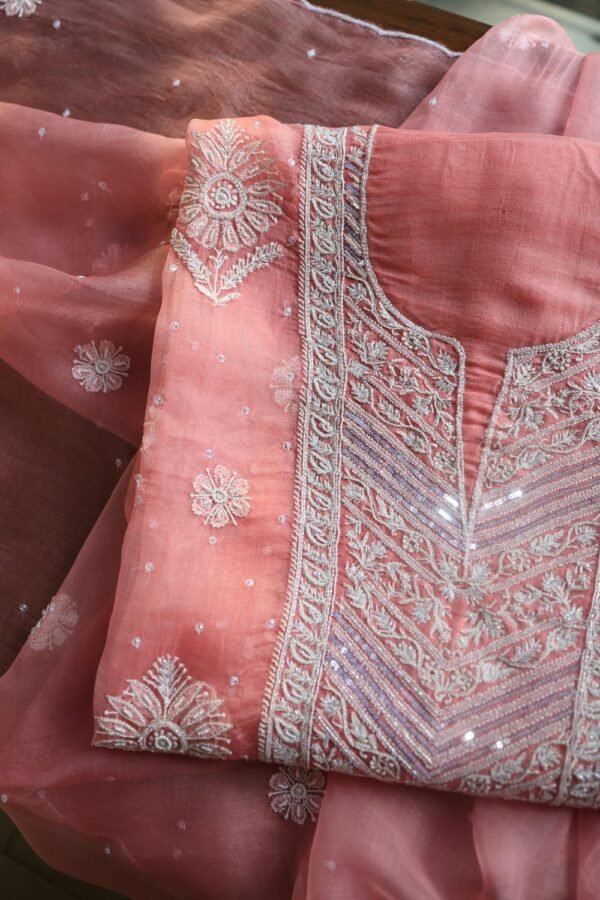 Pink Noor Organza Silk Chikankari Unstitched Kurta Dupatta Set - Image 15