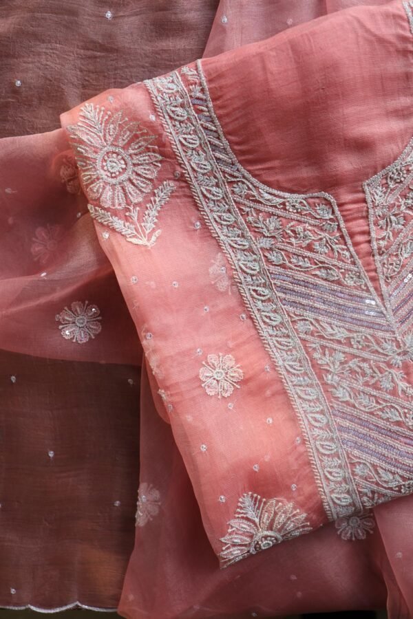 Pink Noor Organza Silk Chikankari Unstitched Kurta Dupatta Set - Image 16