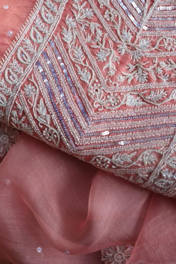 Pink Noor Organza Silk Chikankari Unstitched Kurta Dupatta Set - Image 2