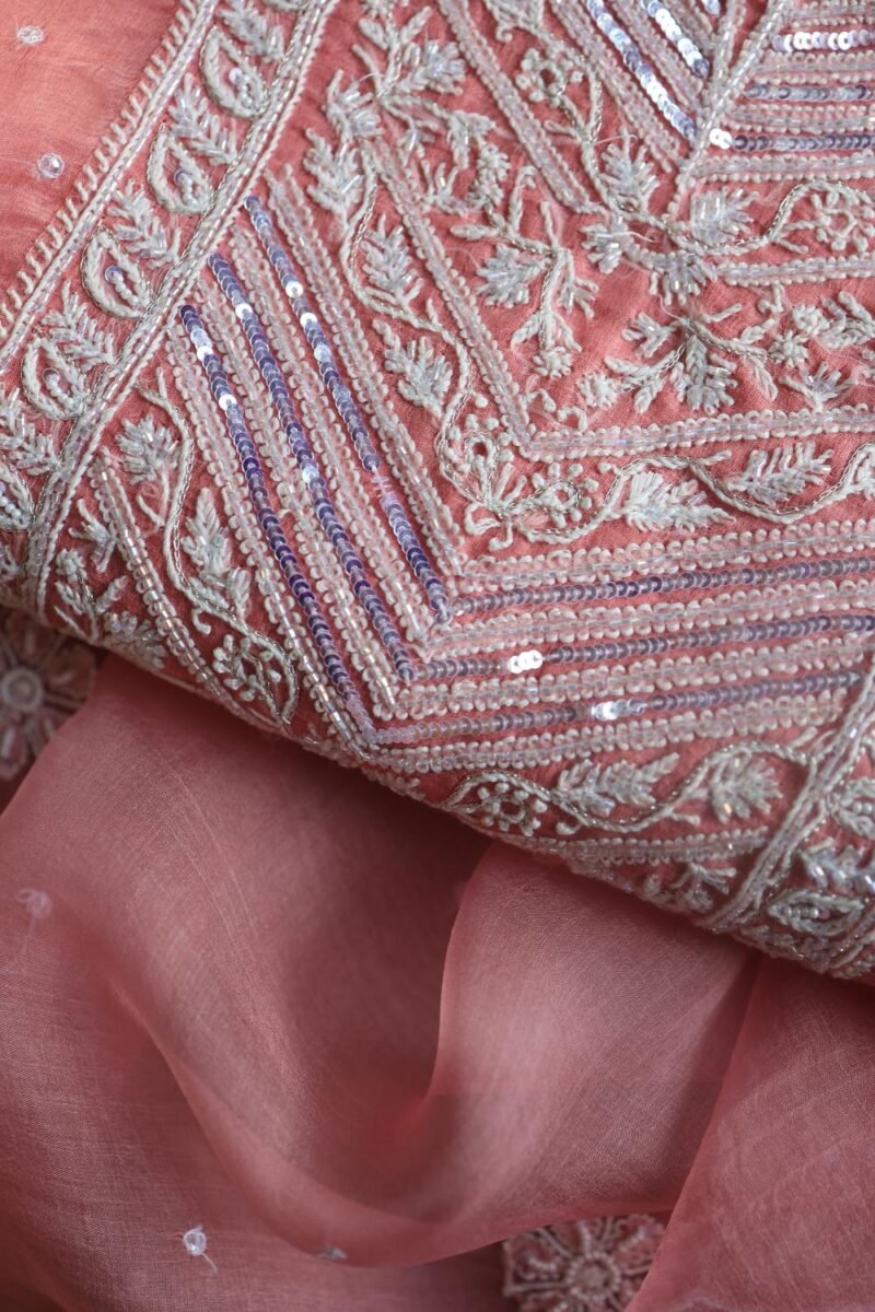Pink Noor Organza Silk Chikankari Unstitched Kurta Dupatta Set