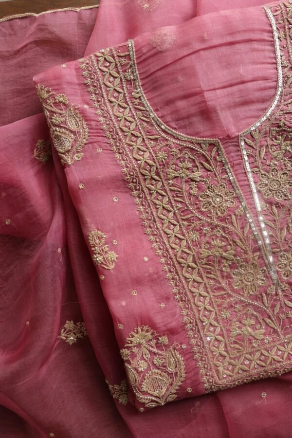 Pink Noor Organza Silk Chikankari Unstitched Kurta Dupatta Set - Image 4