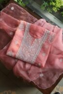 Pink Noor Organza Silk Chikankari Unstitched Kurta Dupatta Set