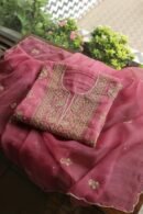 Pink Noor Organza Silk Chikankari Unstitched Kurta Dupatta Set